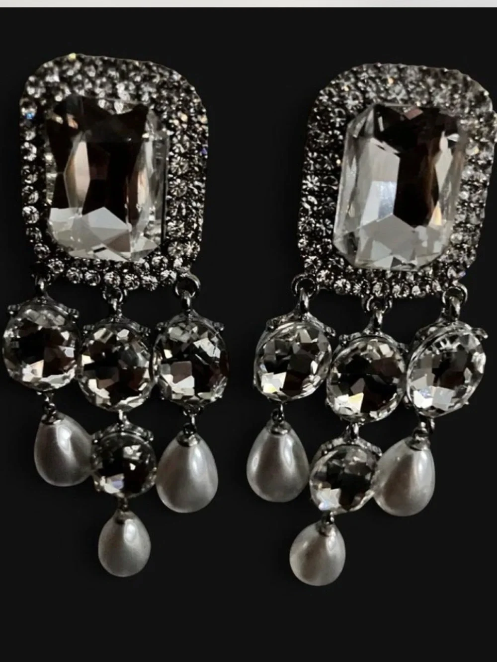 Crystal and Pearl Drop Chandelier Earrings - Silver-Tone